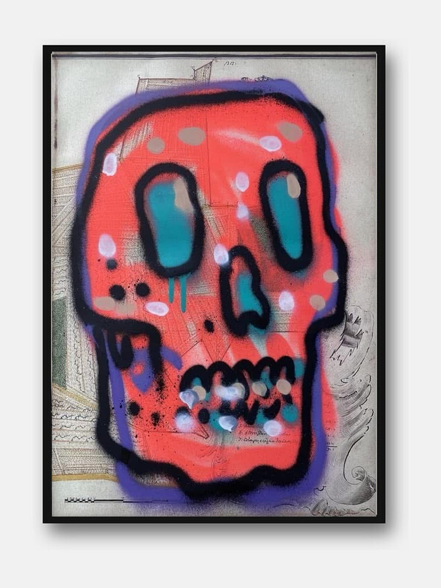Skulls #2 di Max Petrone — teschio rosso spray su carta, opera unica incorniciata