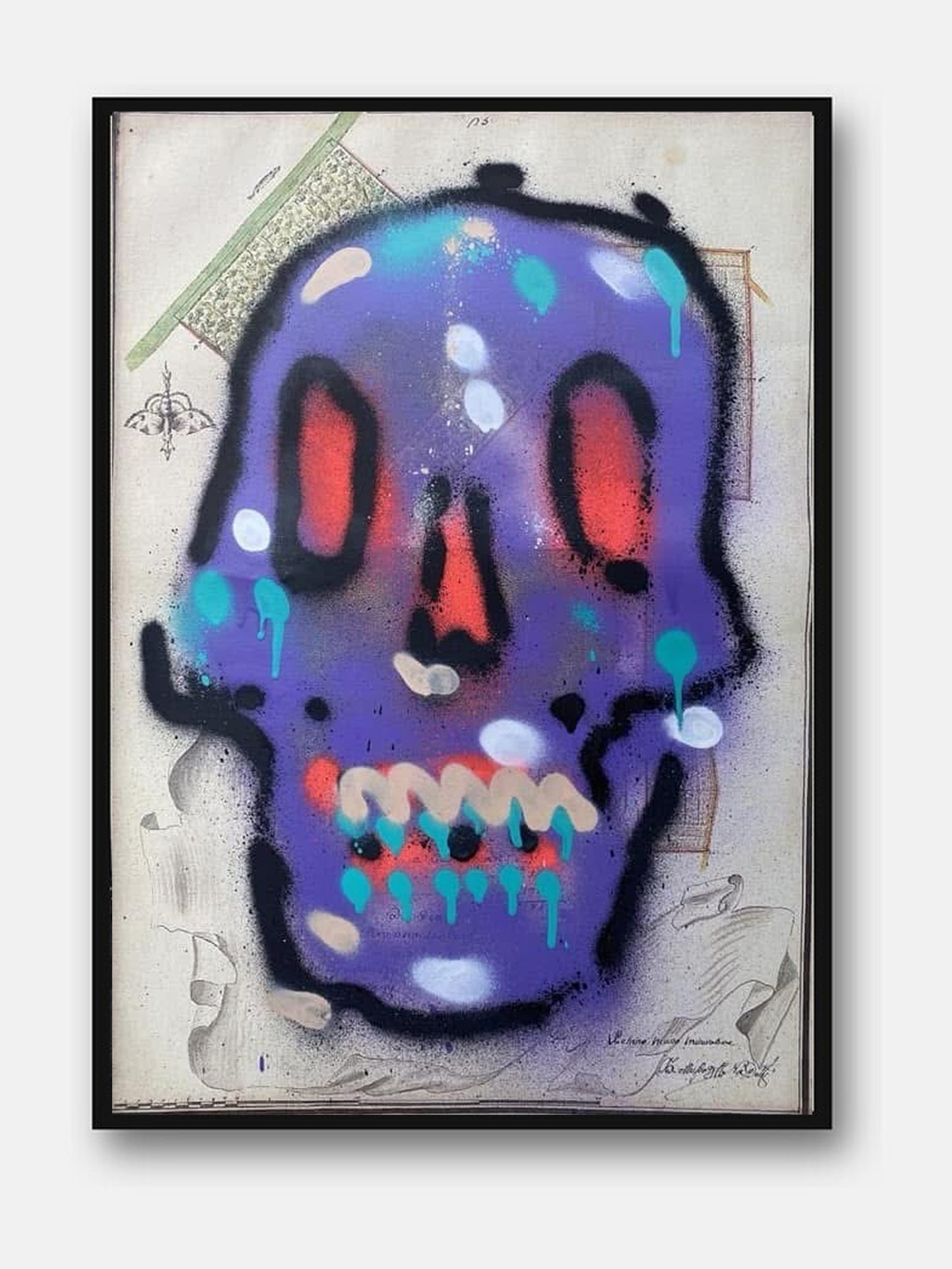 Skulls #6 di Max Petrone — teschio viola spray su carta, opera unica incorniciata
