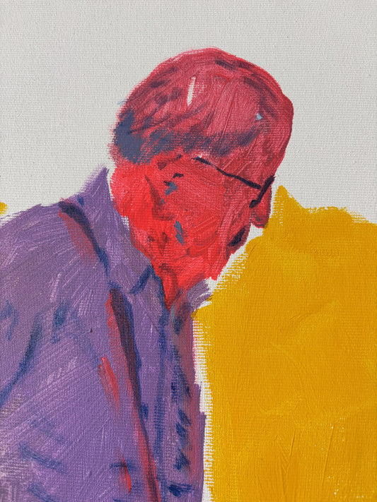 Dettaglio della figura in viola nel dipinto Slow and Fast di Max Petrone