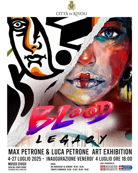 Locandina ufficiale della mostra Blood Legacy di Max e Luca Petrone alla Casa del Conte Verde di Rivoli