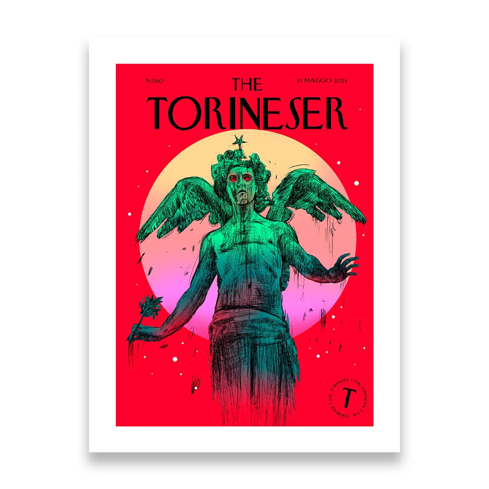 Copertina n.60 di The Torineser: «Lucifero», illustrazione di Max Petrone del Genio Alato di Piazza Statuto a Torino