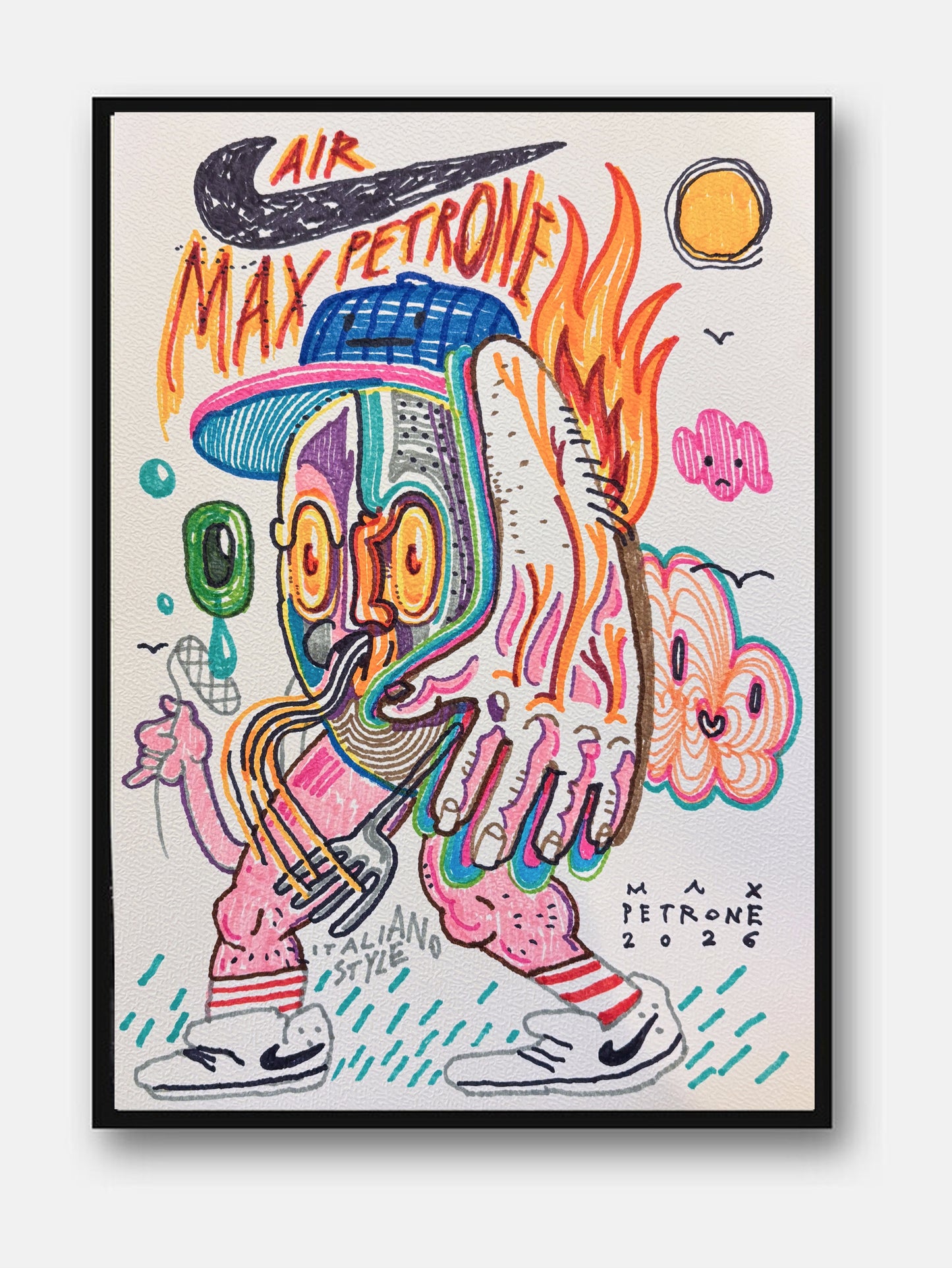 Air Max Petrone — illustrazione a penna e pastello, opera unica incorniciata