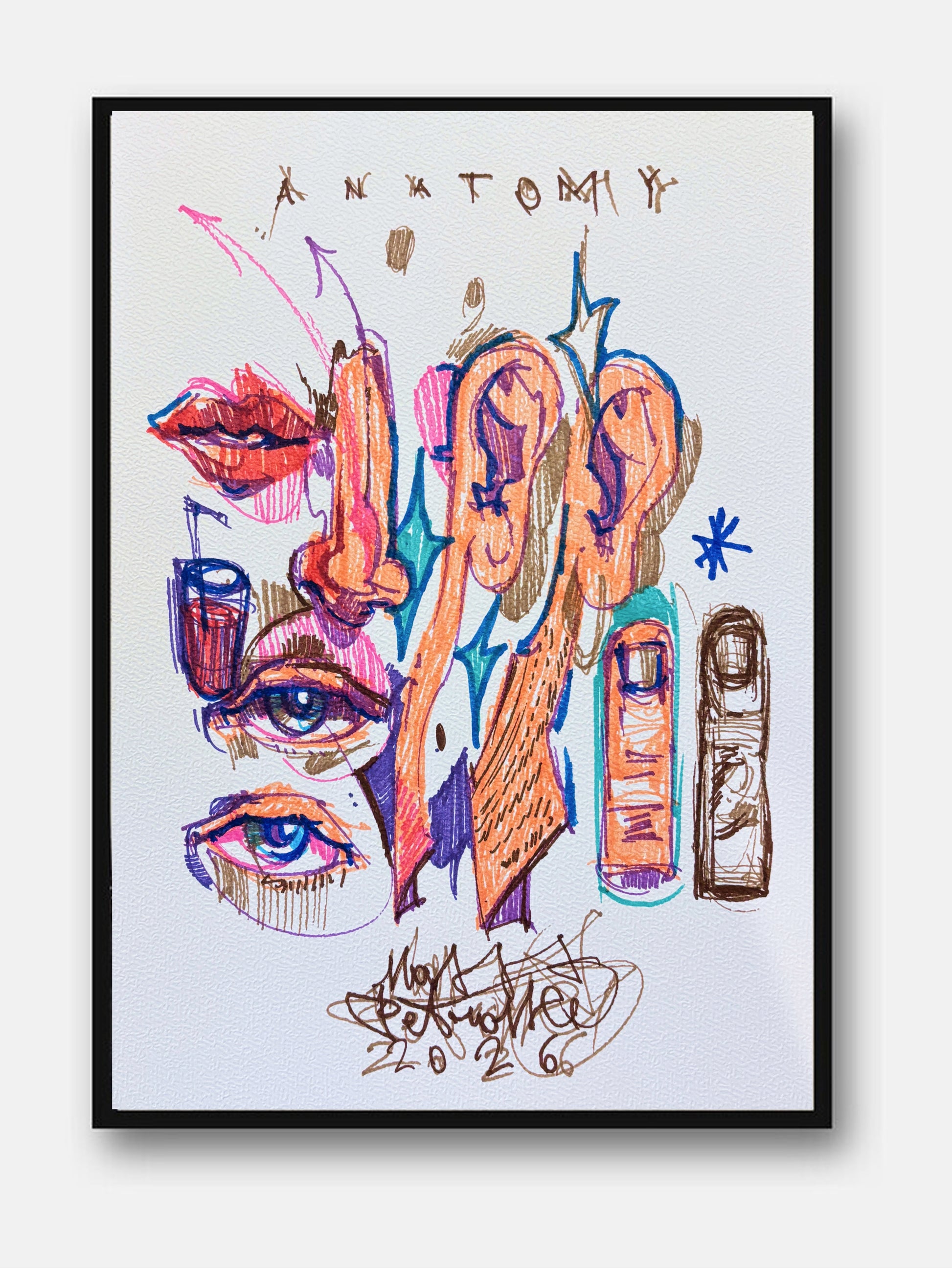 Anatomy di Max Petrone — illustrazione a penna e pastello, opera unica incorniciata