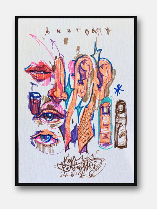 Anatomy di Max Petrone — illustrazione a penna e pastello, opera unica incorniciata