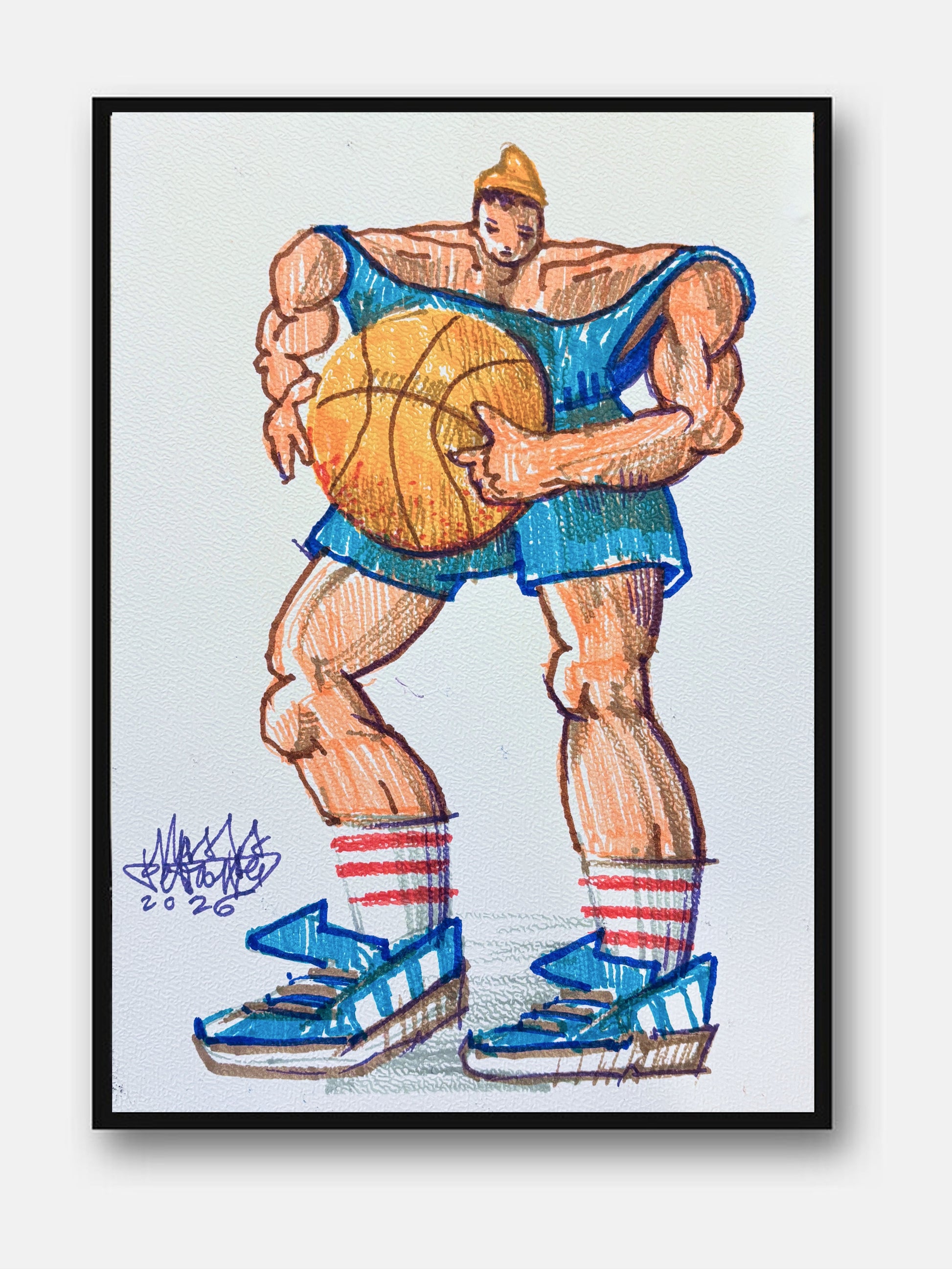 Basket Juice di Max Petrone — illustrazione a penna e pastello, opera unica incorniciata