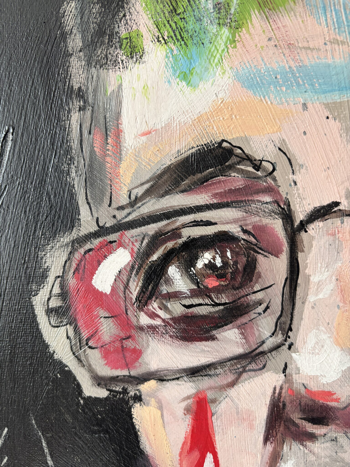 Dettaglio della lacrima rossa nel dipinto Charlie Hebdo di Max Petrone