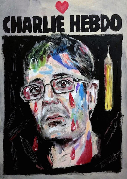 Charlie Hebdo, dipinto su tela 70x50 di Max Petrone: ritratto con lacrime rosse, matita e cuore in omaggio alla libertà di stampa