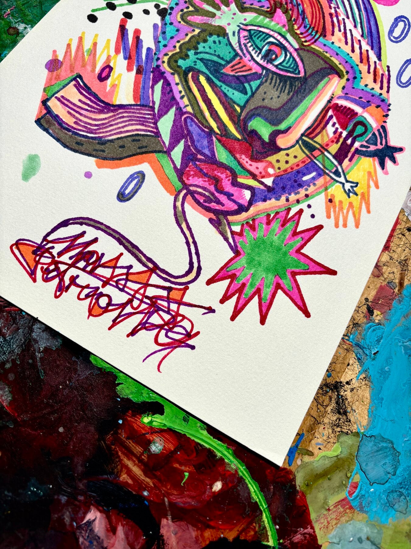 Dettaglio con firma dell'illustrazione a pennarelli Color Fish di Max Petrone