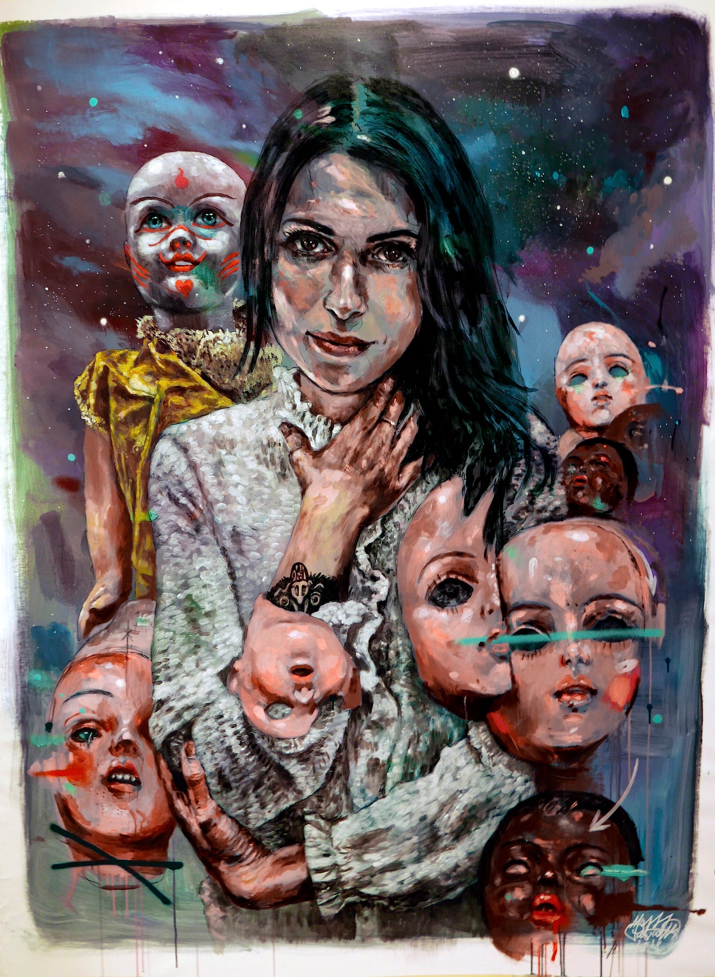 Dolls di Max Petrone — dipinto su tela 200×150 con donna e volti di bambole, opera unica
