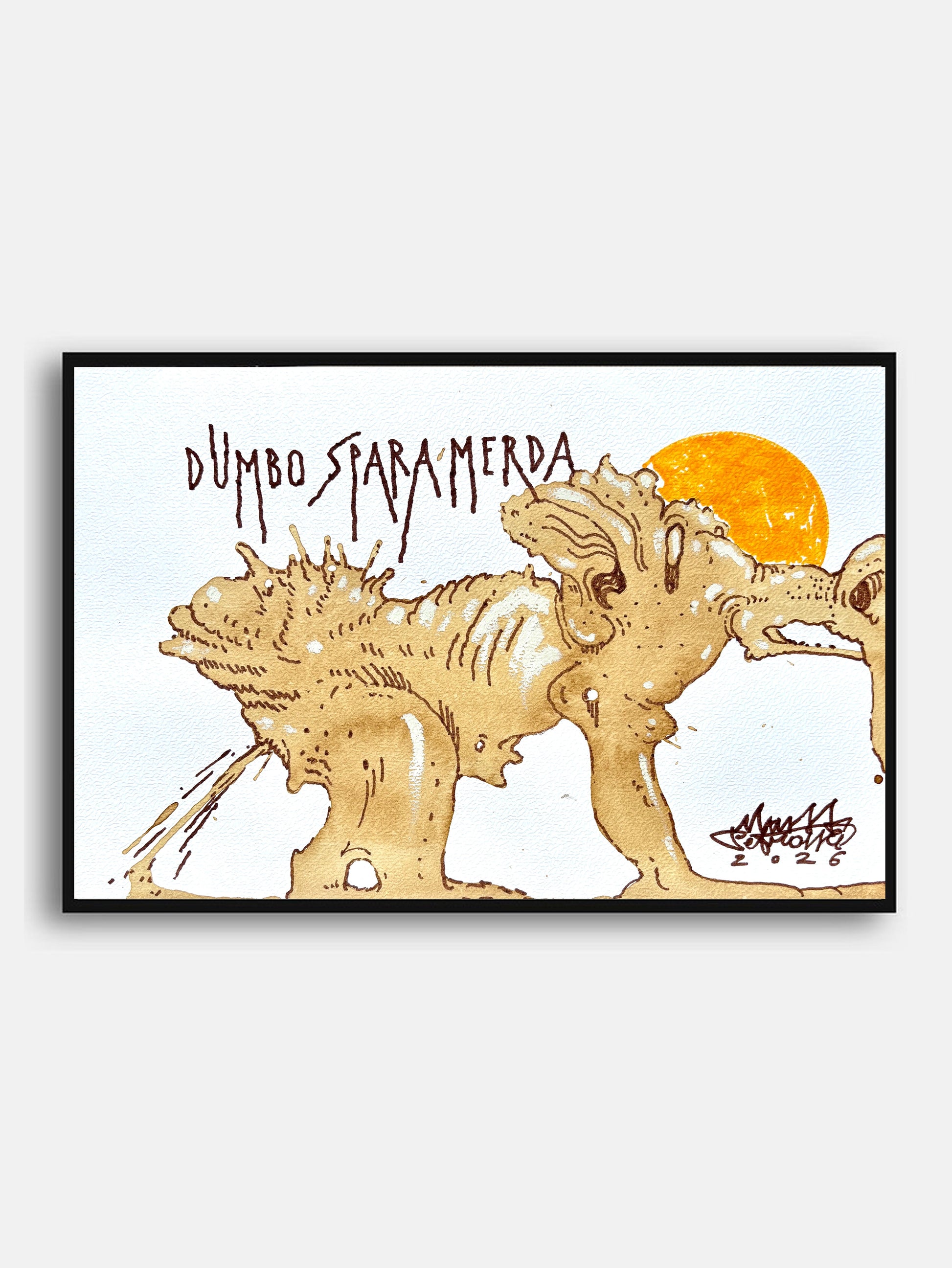 Dumbo Sparamerda di Max Petrone — Coffee Drawing dipinto col caffè su carta A3, opera unica