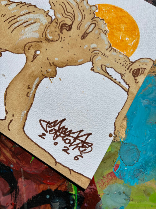 Dettaglio con firma del disegno al caffè Dumbo Sparamerda di Max Petrone