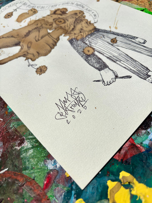 Dettaglio della scritta a mano nel disegno al caffè Fiori di caffè di Max Petrone