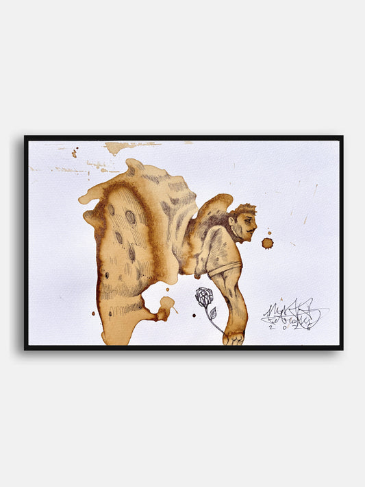 Gobbo innamorato di Max Petrone — Coffee Drawing col caffè su carta A3, opera unica