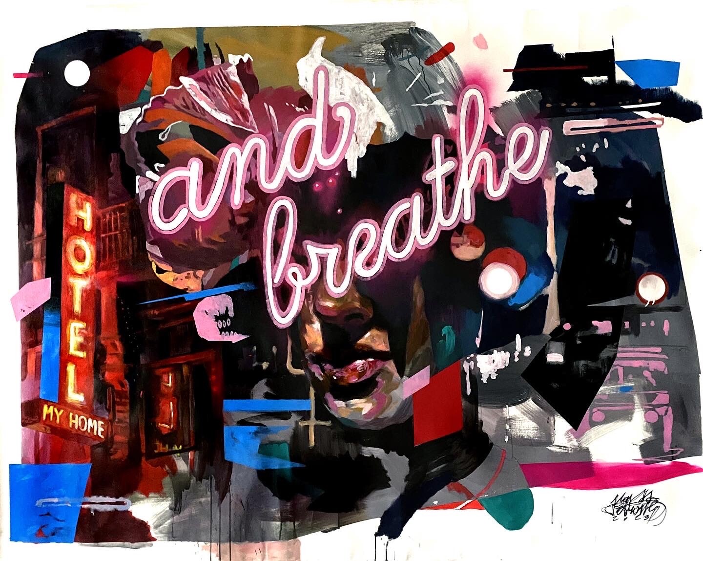 Hotel My Home and Breathe di Max Petrone — dipinto su tela 150×200 con neon and breathe, opera unica