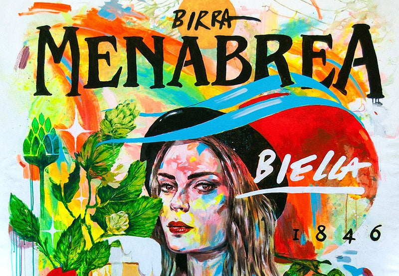 Opera «1846» di Max Petrone per Birra Menabrea: il volto, il luppolo e la scritta Biella