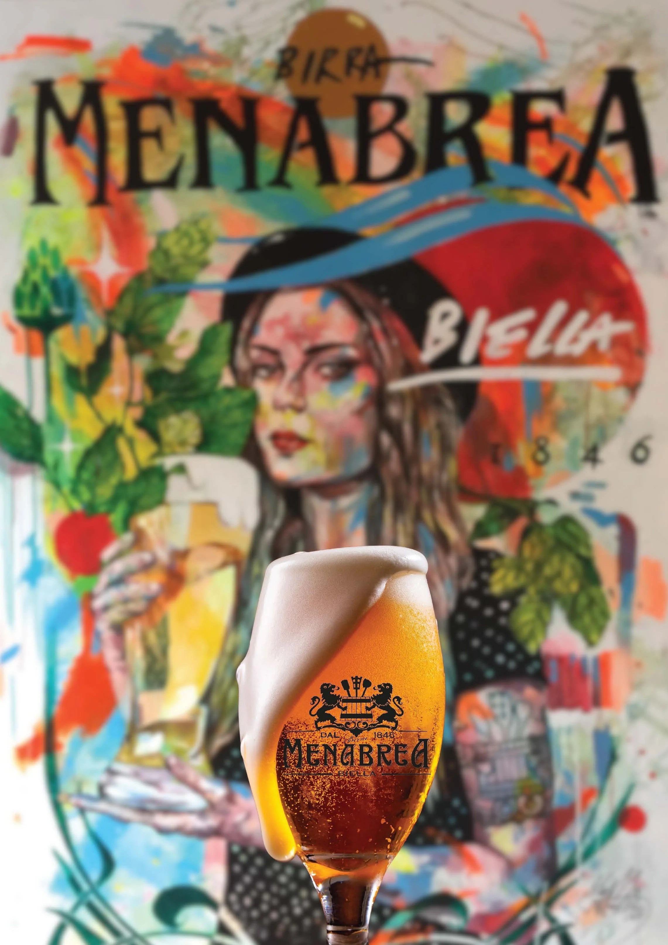 L'opera 1846 di Max Petrone con un calice di Birra Menabrea
