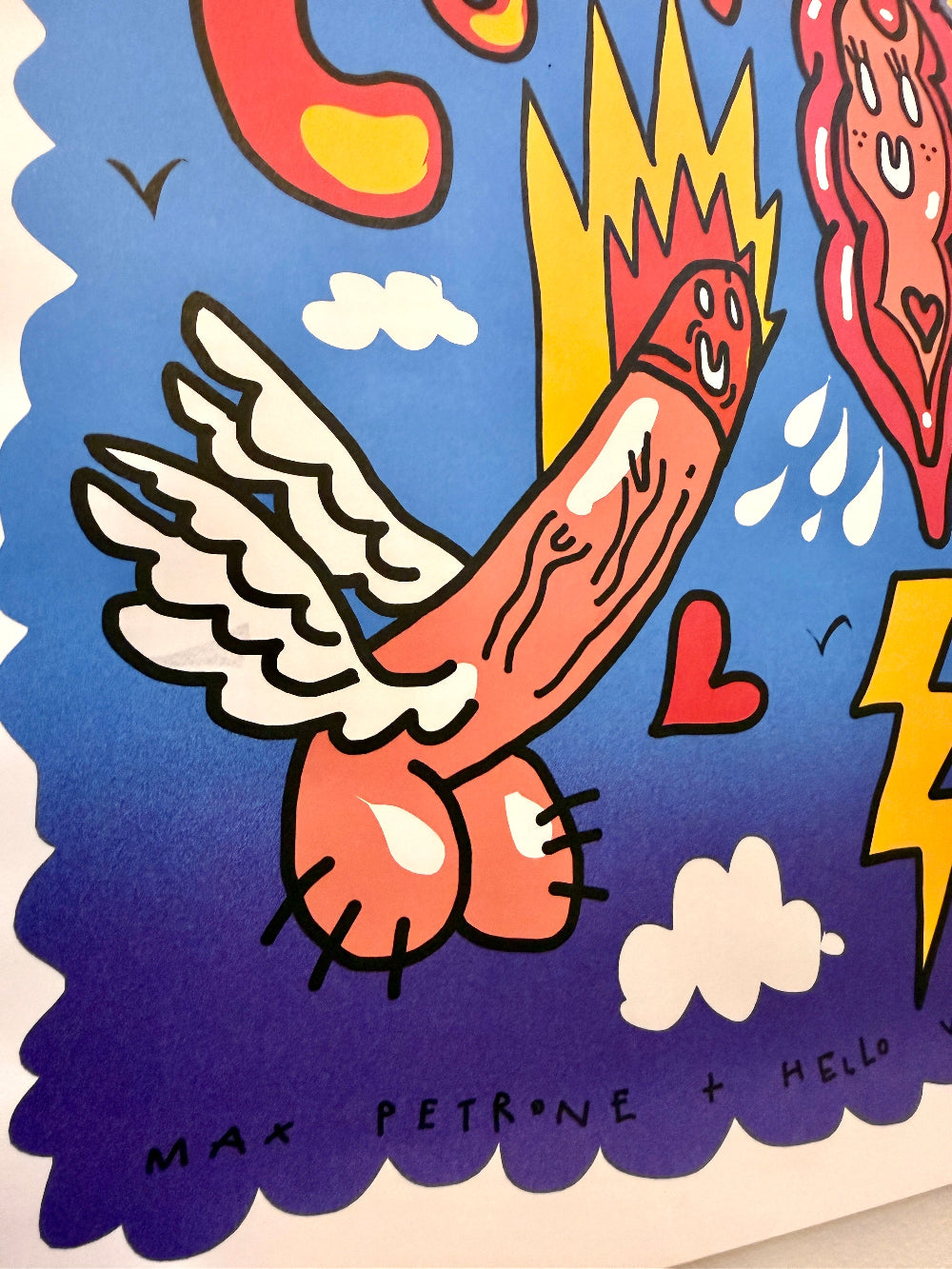 Dettaglio del poster «Mamma, papà come sono nat*?» di Max Petrone × Hello Viper, stampa A4 colorata