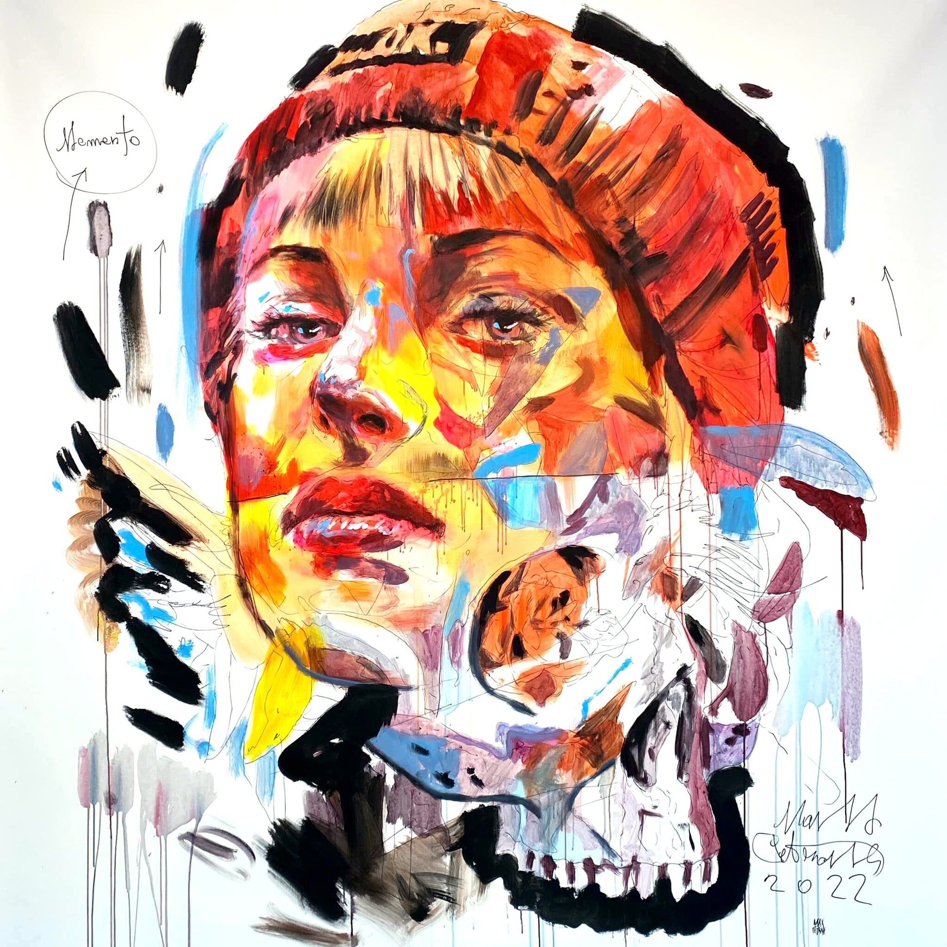 Memento di Max Petrone — dipinto acrilico su tela 200×200, volto e teschio, opera unica