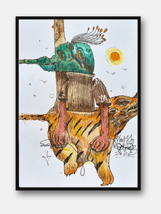 Moog and the Tiger di Max Petrone — Coffee Drawing col caffè e colore su carta A3, opera unica