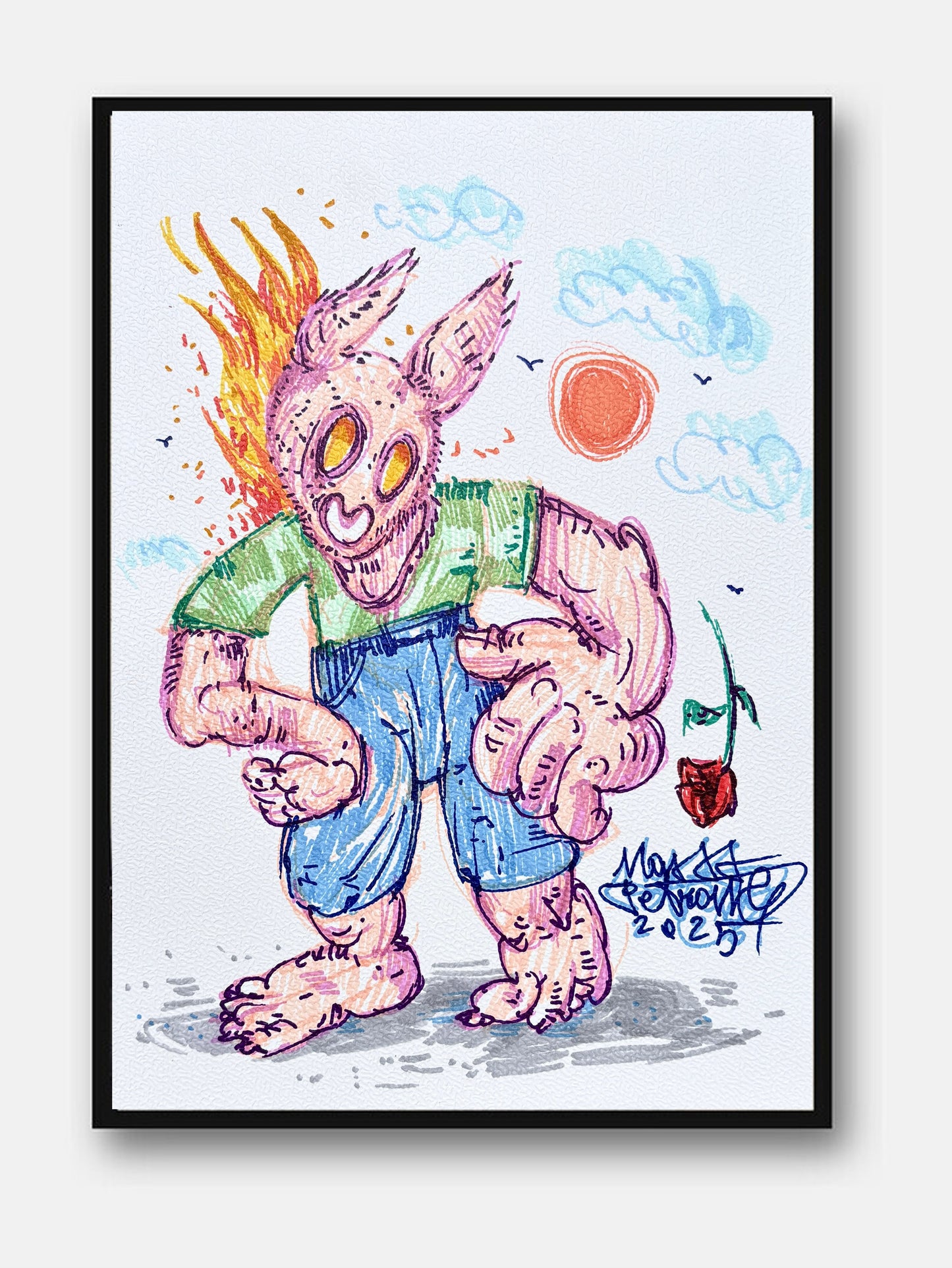 Pink Rabbit di Max Petrone — illustrazione a pennarelli su carta A4, opera unica