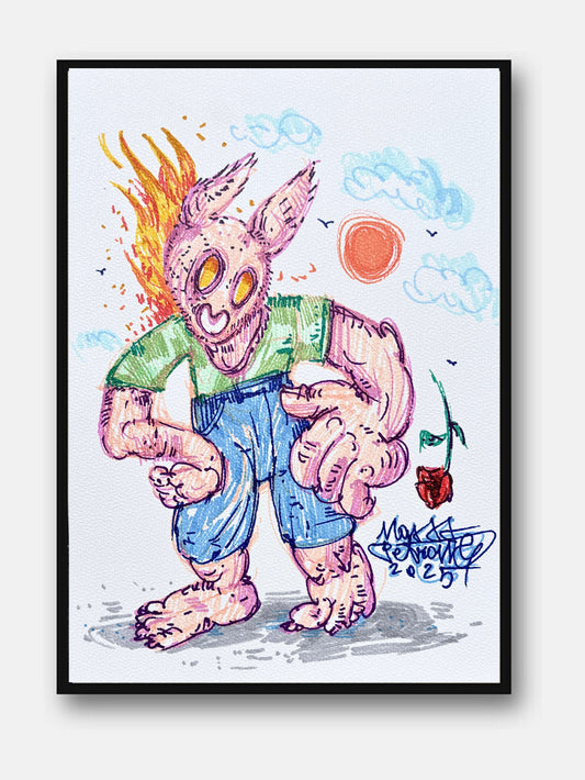 Pink Rabbit di Max Petrone — illustrazione a pennarelli su carta A4, opera unica
