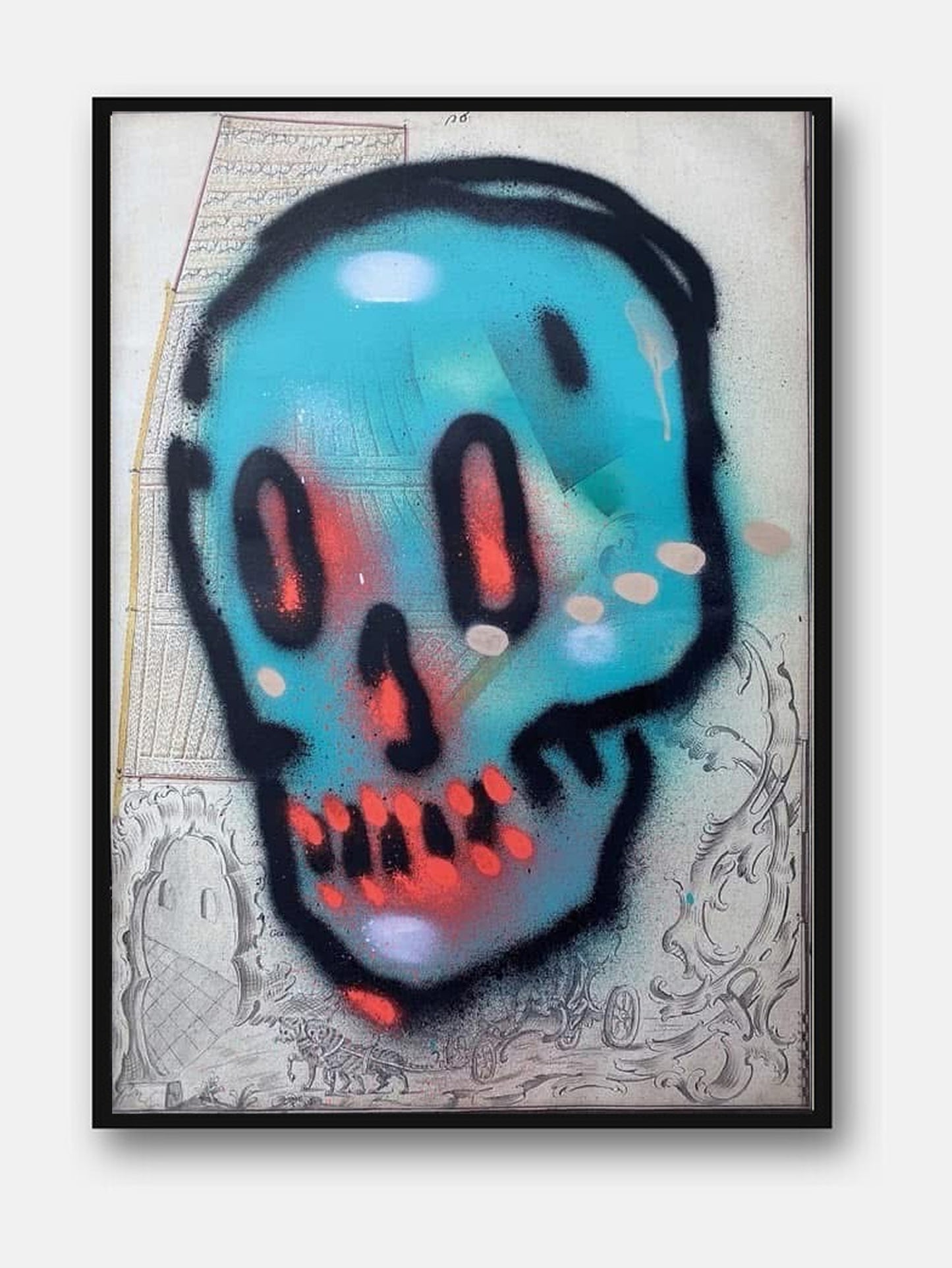 Skulls #1 di Max Petrone — teschio spray su carta, opera unica incorniciata