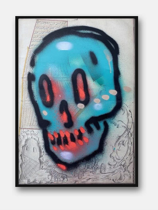 Skulls #1 di Max Petrone — teschio spray su carta, opera unica incorniciata