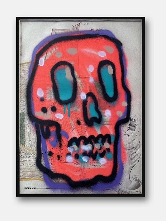 Skulls #2 di Max Petrone — teschio rosso spray su carta, opera unica incorniciata