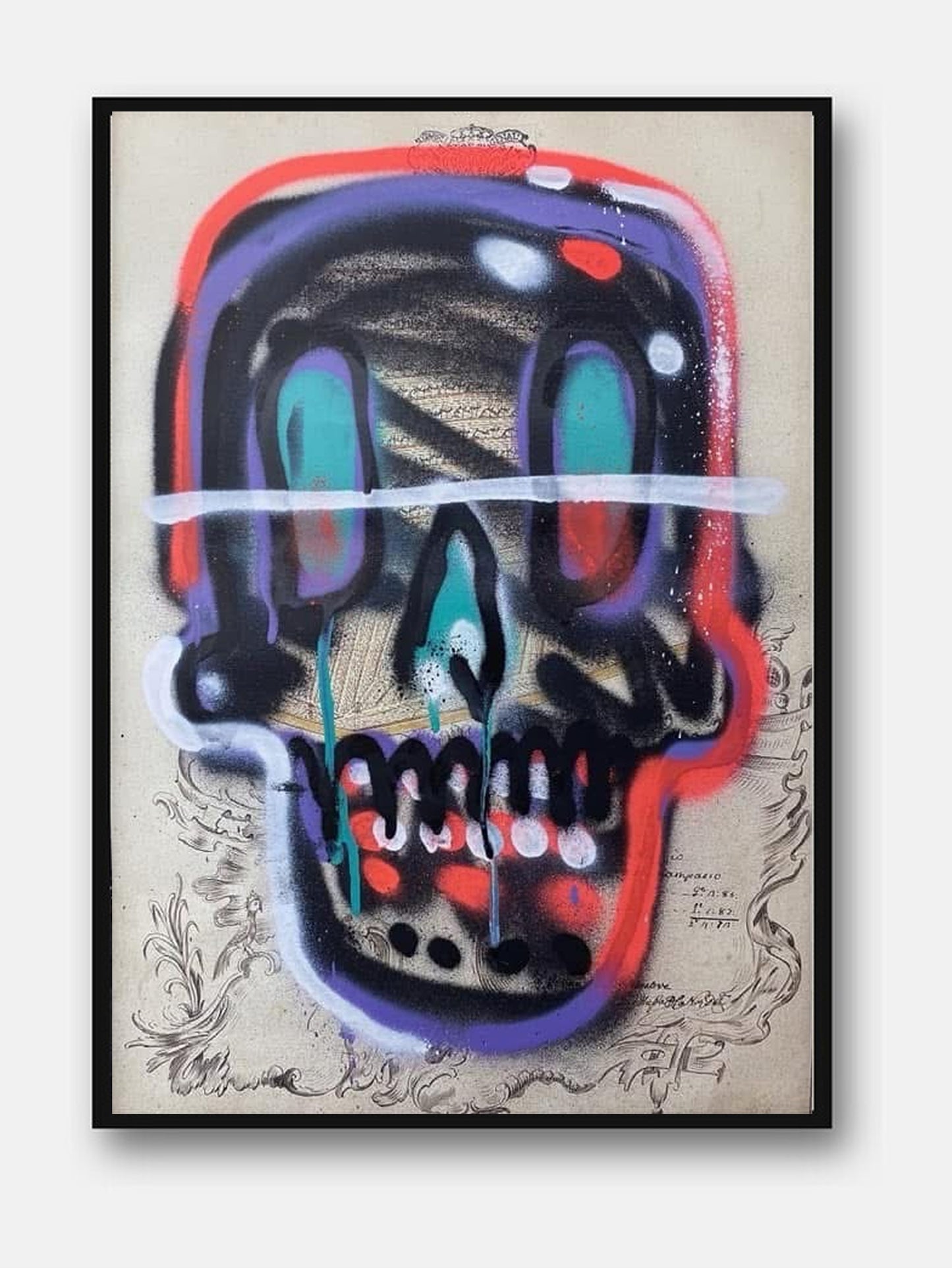Skulls #3 di Max Petrone — teschio spray su carta, opera unica incorniciata