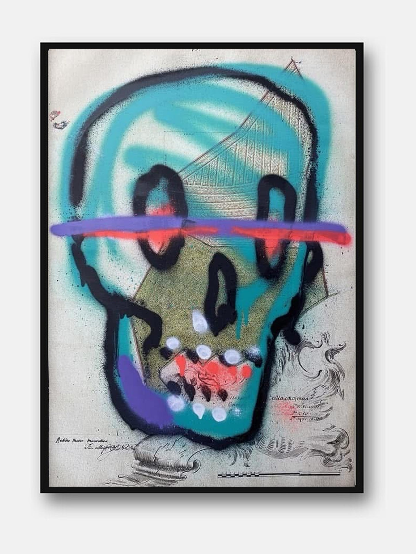 Skulls #4 di Max Petrone — teschio spray su carta, opera unica incorniciata