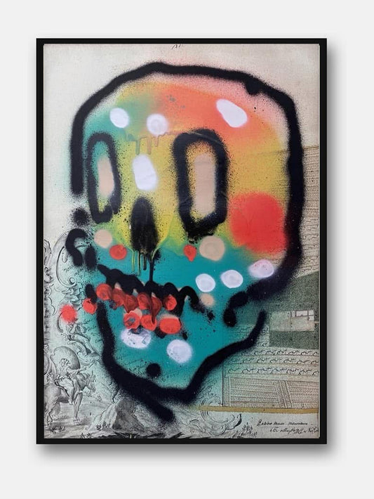 Skulls #5 di Max Petrone — teschio arcobaleno spray su carta, opera unica incorniciata