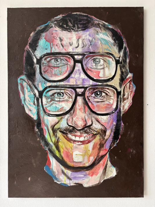 Terry Richardson, dipinto su tela 70x50 di Max Petrone: ritratto pop del fotografo con occhiali neri su fondo bruno