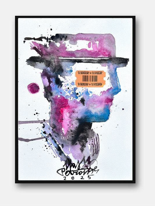 Ticket 01 di Max Petrone — ritratto ad acquerello su carta A4 con biglietto, opera unica
