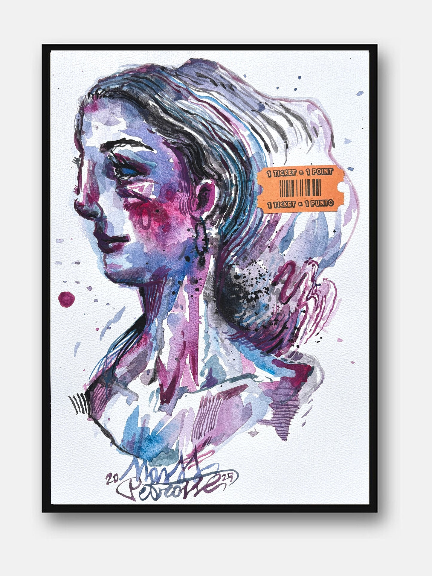 Ticket 02 di Max Petrone — ritratto femminile ad acquerello su carta A4 con biglietto, opera unica