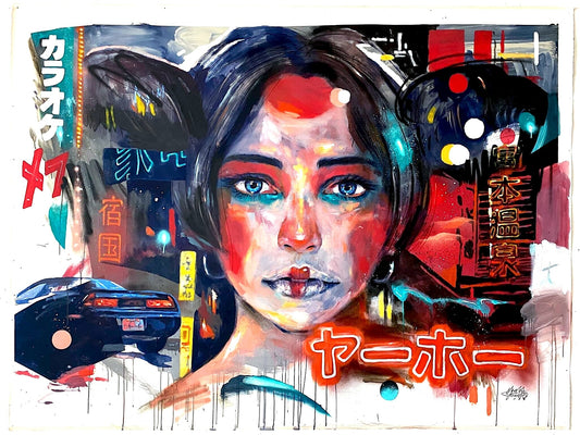 Tokyo II di Max Petrone — dipinto su tela 150×200 con volto e insegne al neon di Tokyo, opera unica