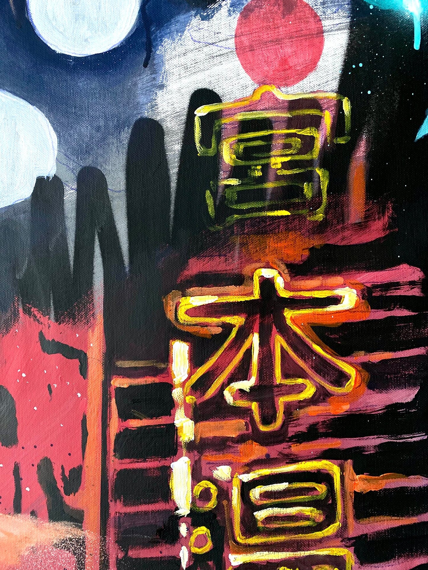 Dettaglio delle insegne al neon giapponesi nel dipinto Tokyo II di Max Petrone