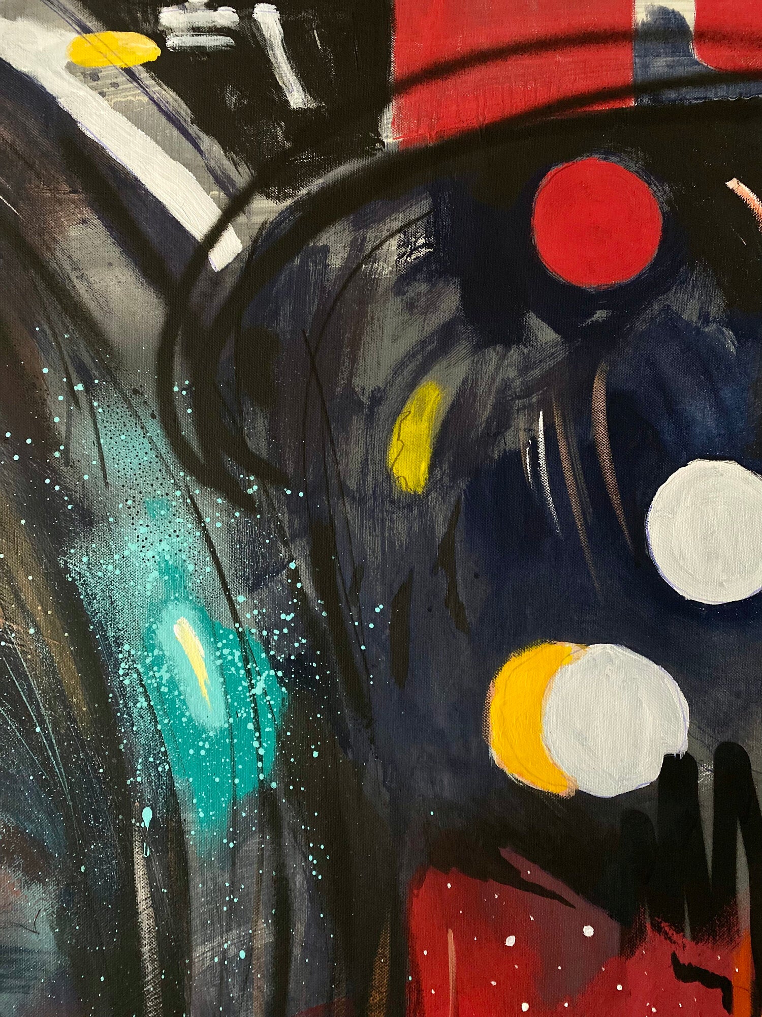Dettaglio astratto con pois colorati nel dipinto Tokyo II di Max Petrone