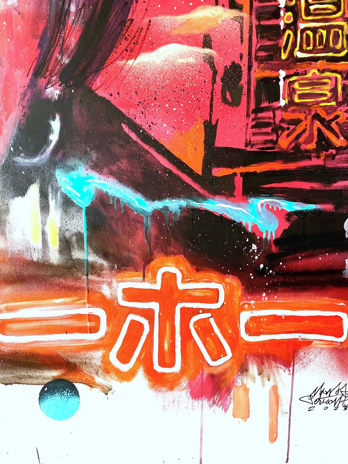 Dettaglio dell'insegna al neon arancione nel dipinto Tokyo II di Max Petrone
